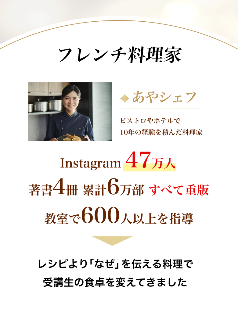 フレンチ料理家 あやシェフ。ビストロやホテルで10年の経験を積んだ料理家。Instagram47万人、著書4冊累計6万部、教室で600人以上を指導。