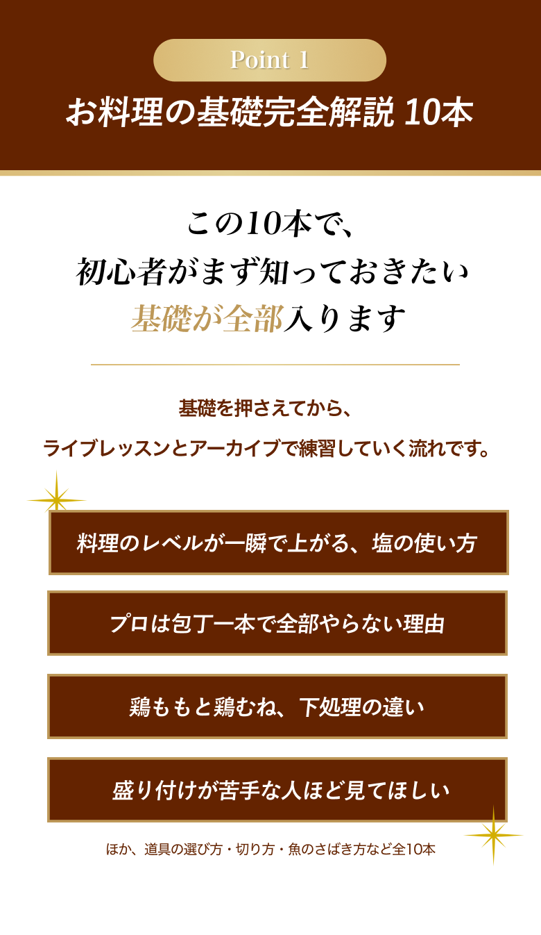 Point 1 お料理の基礎完全解説10本。基礎を押さえてから、ライブレッスンとアーカイブで練習していく流れです。塩の使い方、包丁の使い分け、鶏ももと鶏むねの下処理、盛り付けなど。